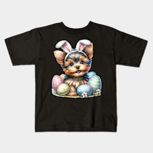 Puppy Yorkshire Terrier Bunny Ears Easter Eggs Happy Easter Kids T-Shirt